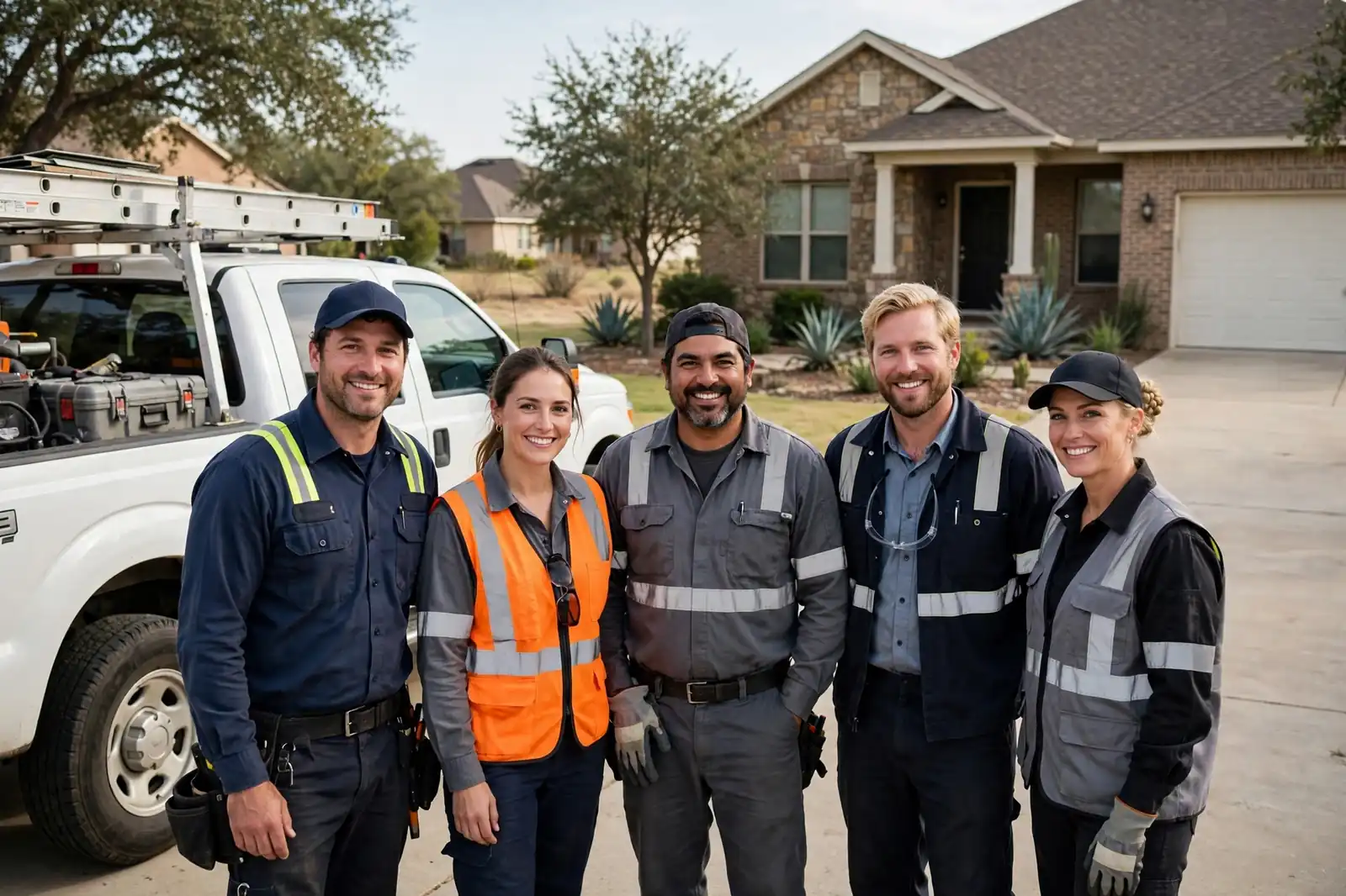 Roof Leak Repair Pros equipo por un camión de trabajo en Texas City, Texas