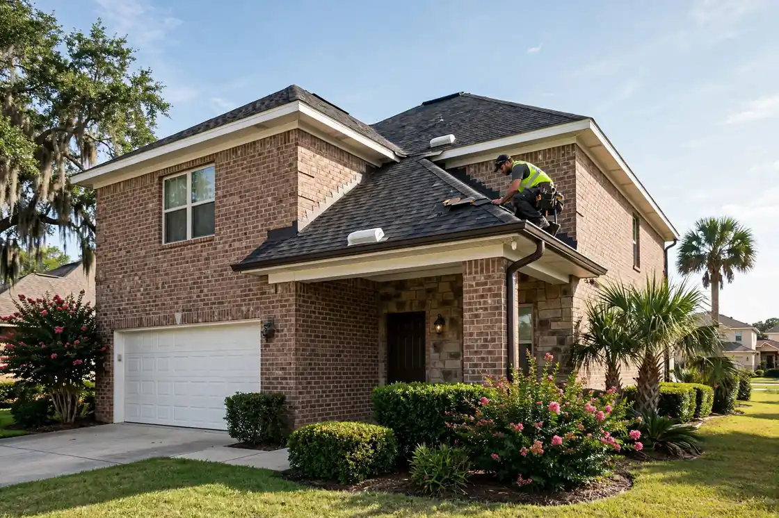 Inspección del techo en una casa suburbana de revestimiento de ladrillo de la década de 2000 en Bay Colony, Texas City, Texas