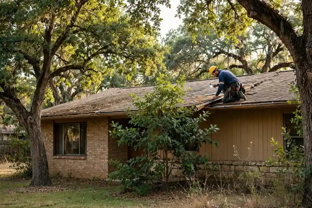 Techador inspeccionando el techo de una casa tipo rancho de los años 70 a la sombra de robles en Dickinson, Texas