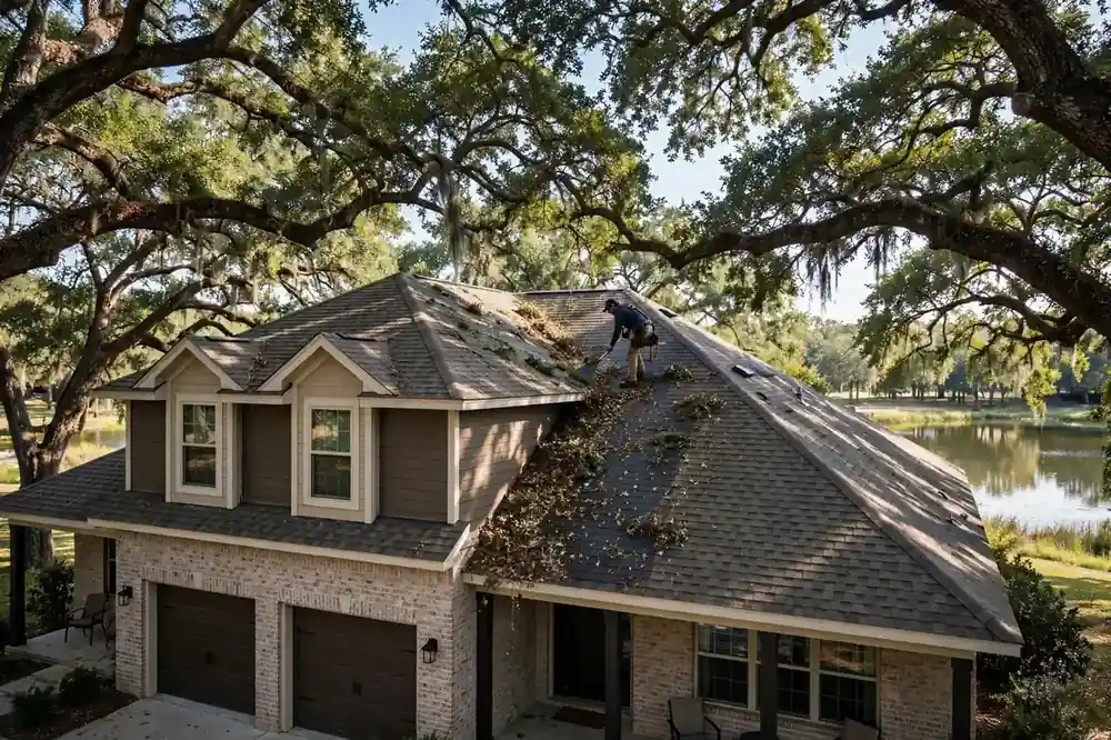 Inspección del techo de una casa de dos pisos cerca del lago en Hidden Lakes, Texas