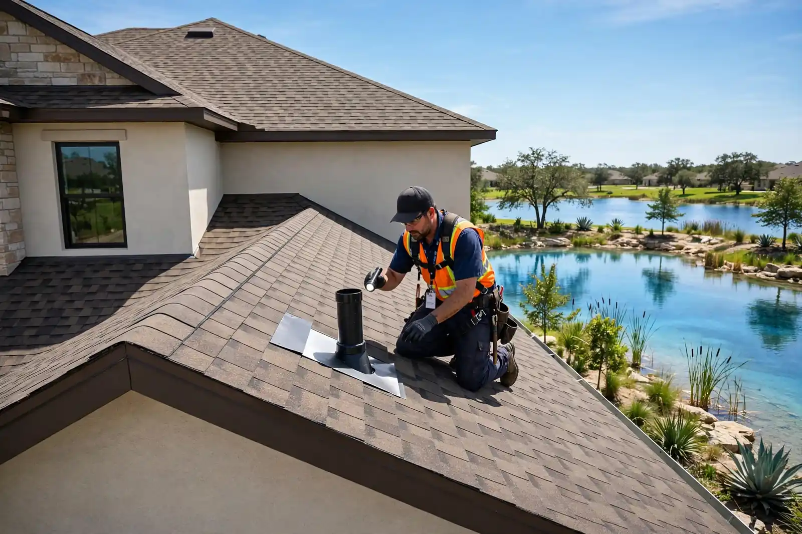 Techador en una nueva casa suburbana cerca de Crystal Lagoon en Lago Mar, Texas City, Texas