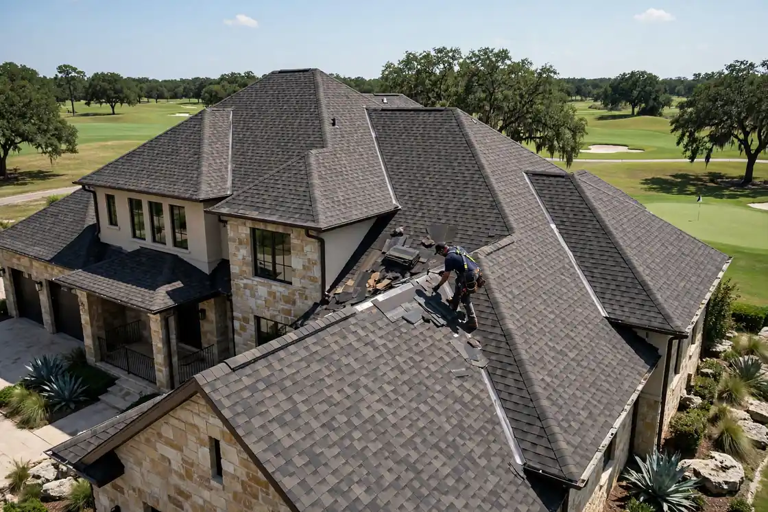Trabajos de techo en una casa de lujo cerca del campo de golf en Magnolia Creek, Texas