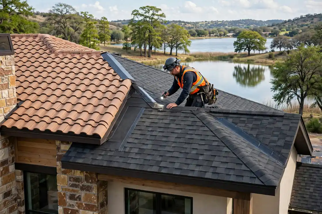Inspección del techo en una casa junto al lago con detalles en azulejos Mar Bella, Texas