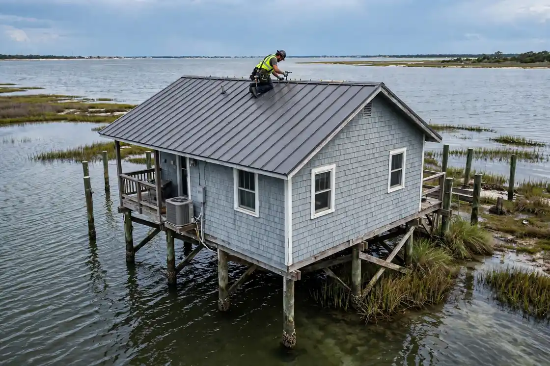 Techador comprobando un techo de metal en una cabaña sobre pilotes frente al mar en San Leon, Texas