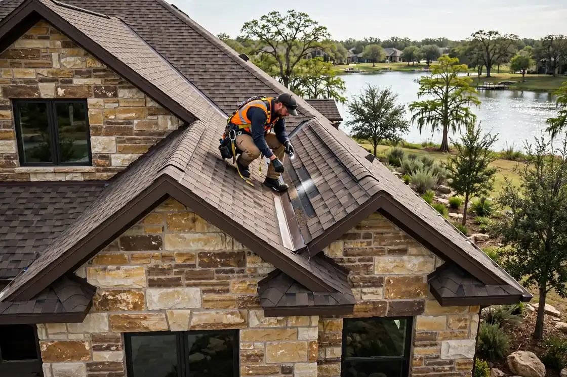 Inspección del tejado de una casa con fachada de piedra en Tuscan Lakes, Texas