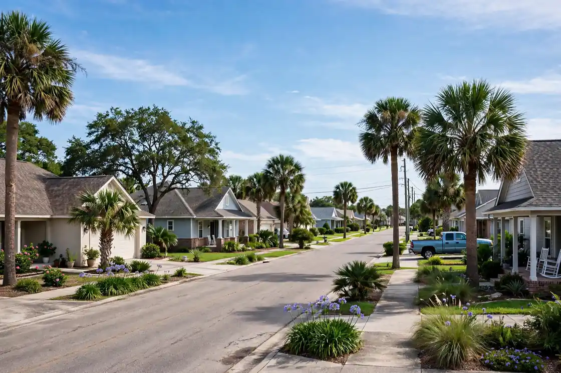 Barrio suburbano de la costa del Golfo de Texas con techos de tejas