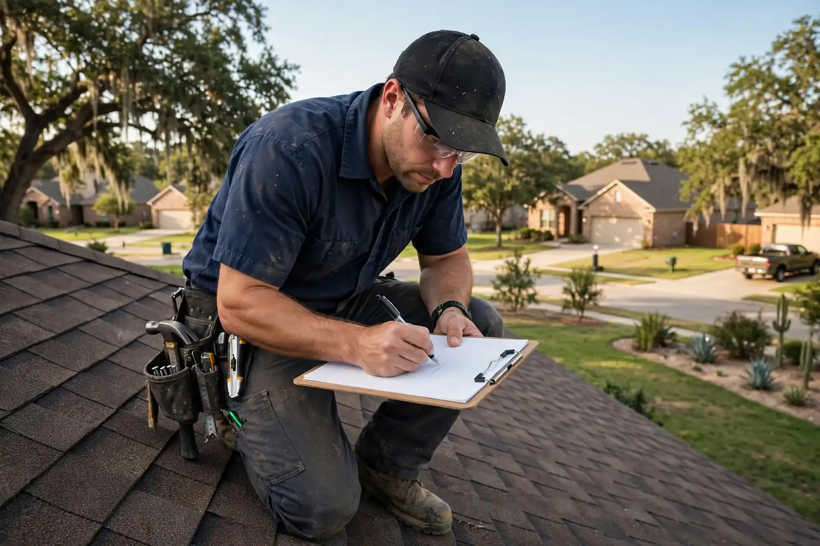 Techador escribiendo un presupuesto de reparación en un portapapeles en Texas City, Texas