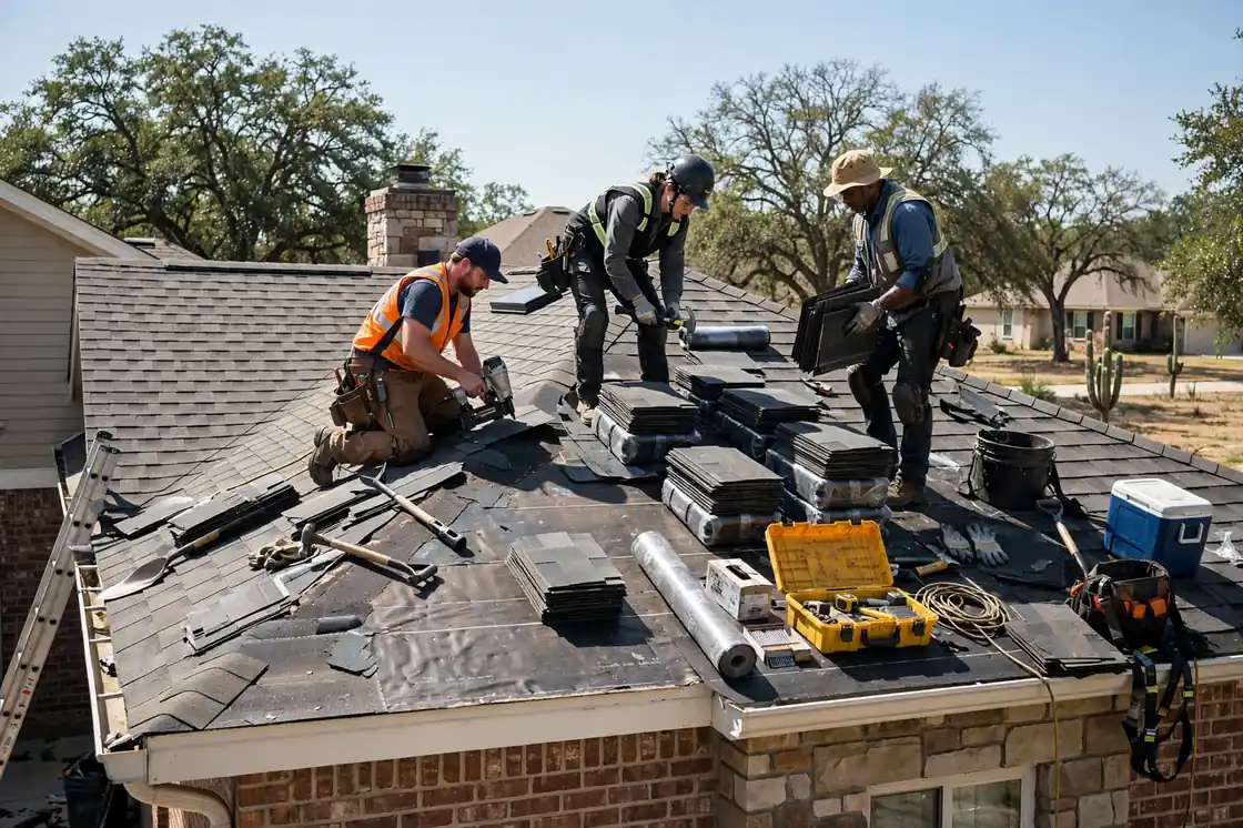 Equipo de techado reparando tejas en un Texas City hogar