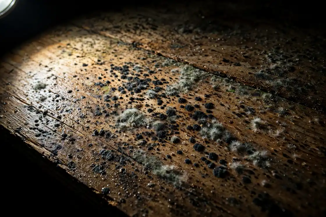 Crecimiento de moho en la cubierta húmeda del techo del ático en Texas City, Texas
