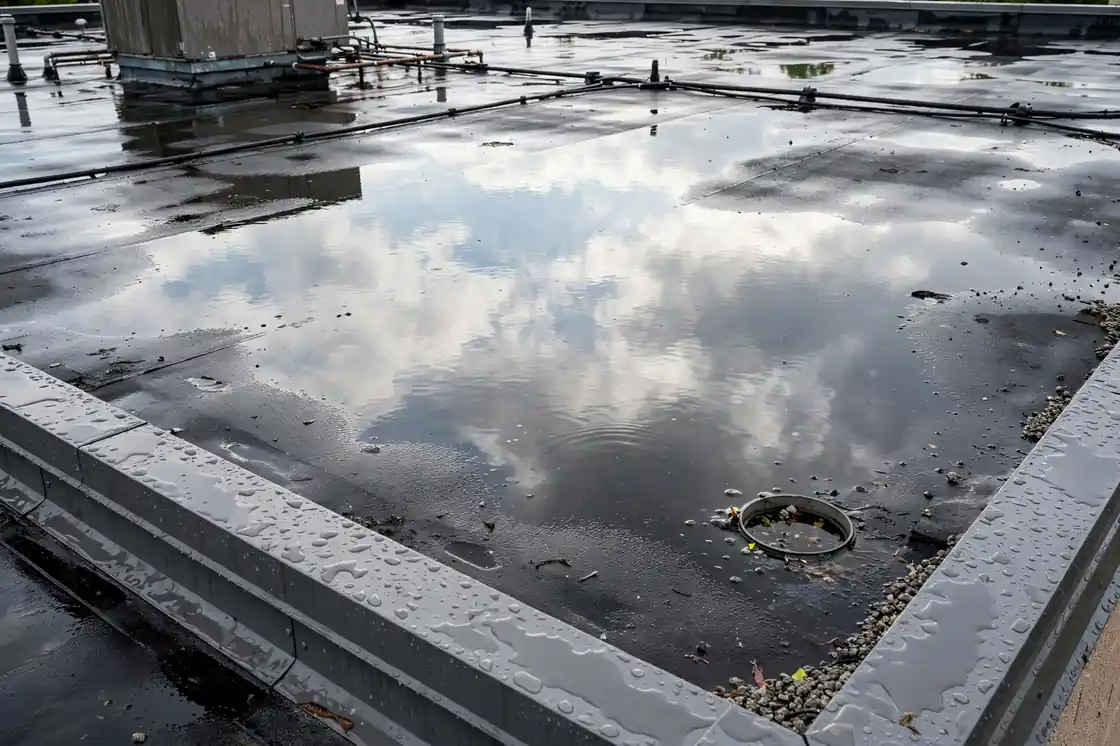 Estanque de agua en un techo plano después de la lluvia en Texas City, Texas