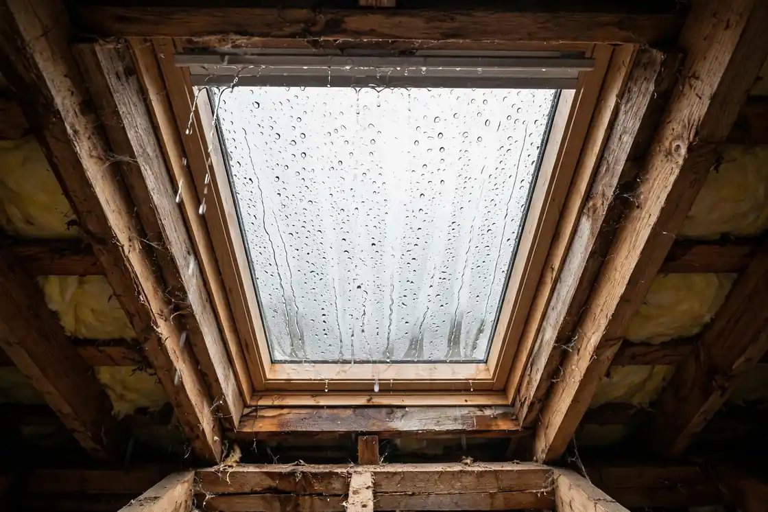 Gotas de agua en un tragaluz con fugas en Texas City, Texas