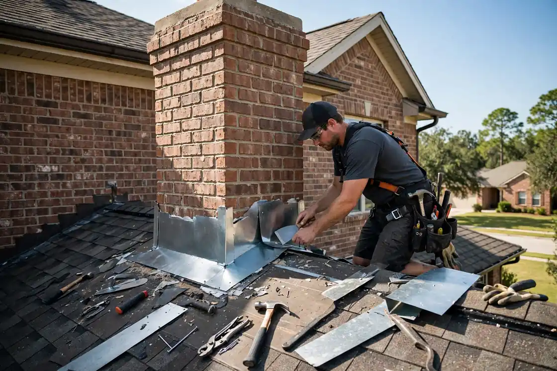 Reparación de tapajuntas de chimenea en una casa suburbana de revestimiento de ladrillo de la década de 2000 en Bay Colony, Texas
