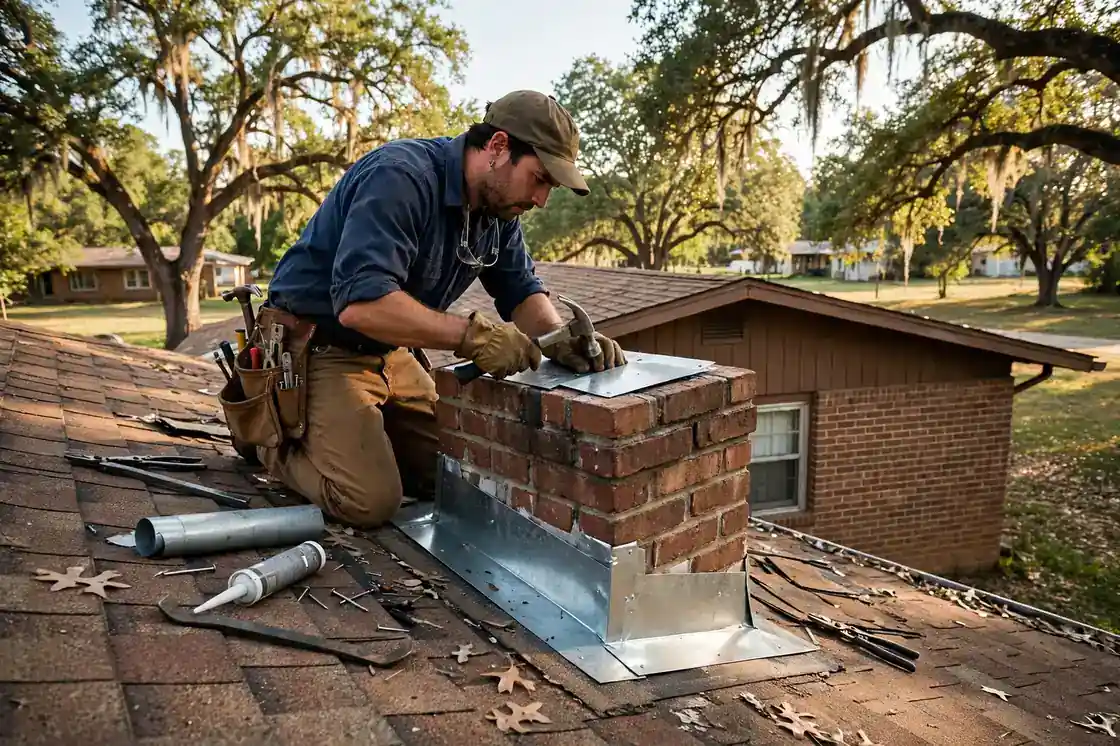 Reparación de tapajuntas de chimenea en una casa estilo rancho de los años 70 a la sombra de robles en Dickinson, Texas