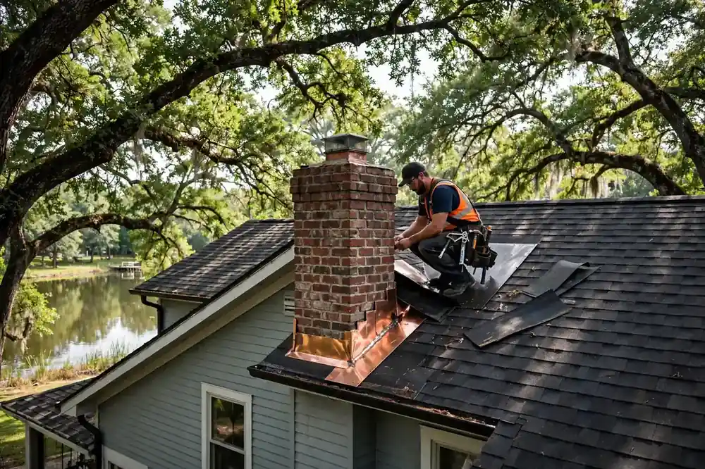 Reparación de tapajuntas de chimenea en una casa de dos pisos cerca del lago en Hidden Lakes, Texas