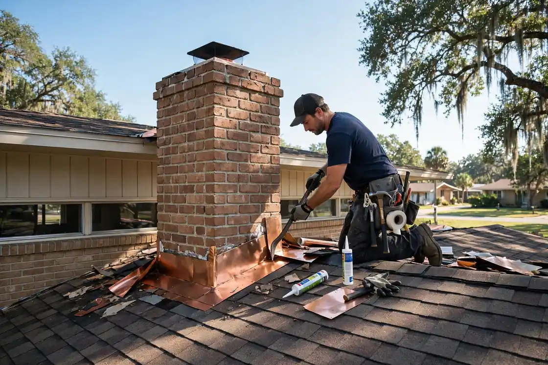 Reparación de tapajuntas de chimenea en una casa tipo rancho de mediados de siglo en La Marque, Texas