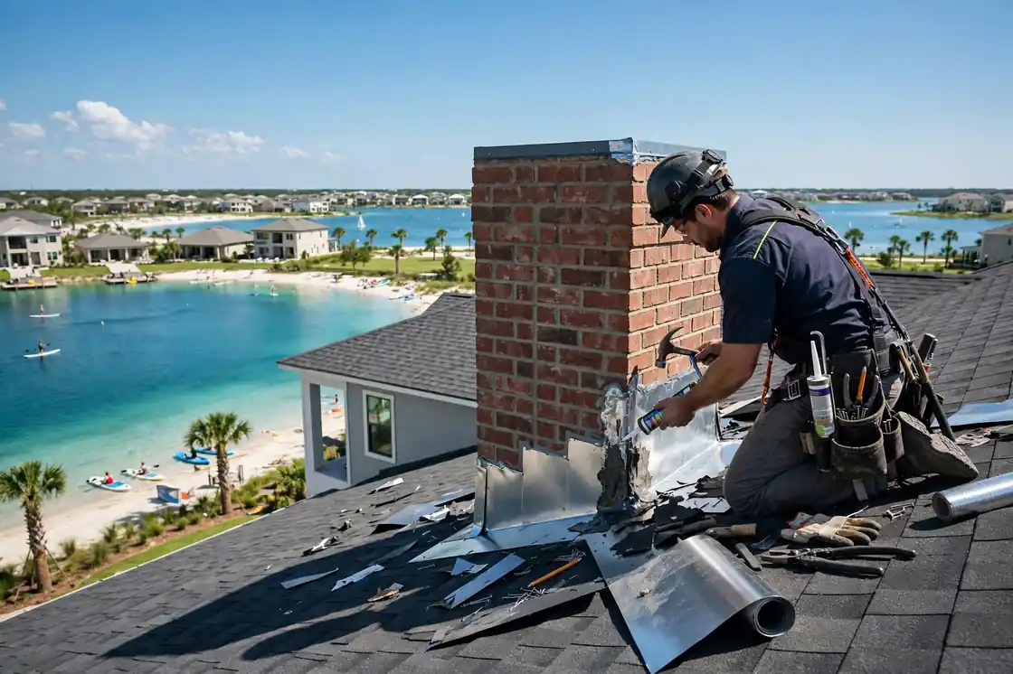 Reparación de tapajuntas de chimenea en una nueva casa suburbana cerca de Crystal Lagoon en Lago Mar, Texas