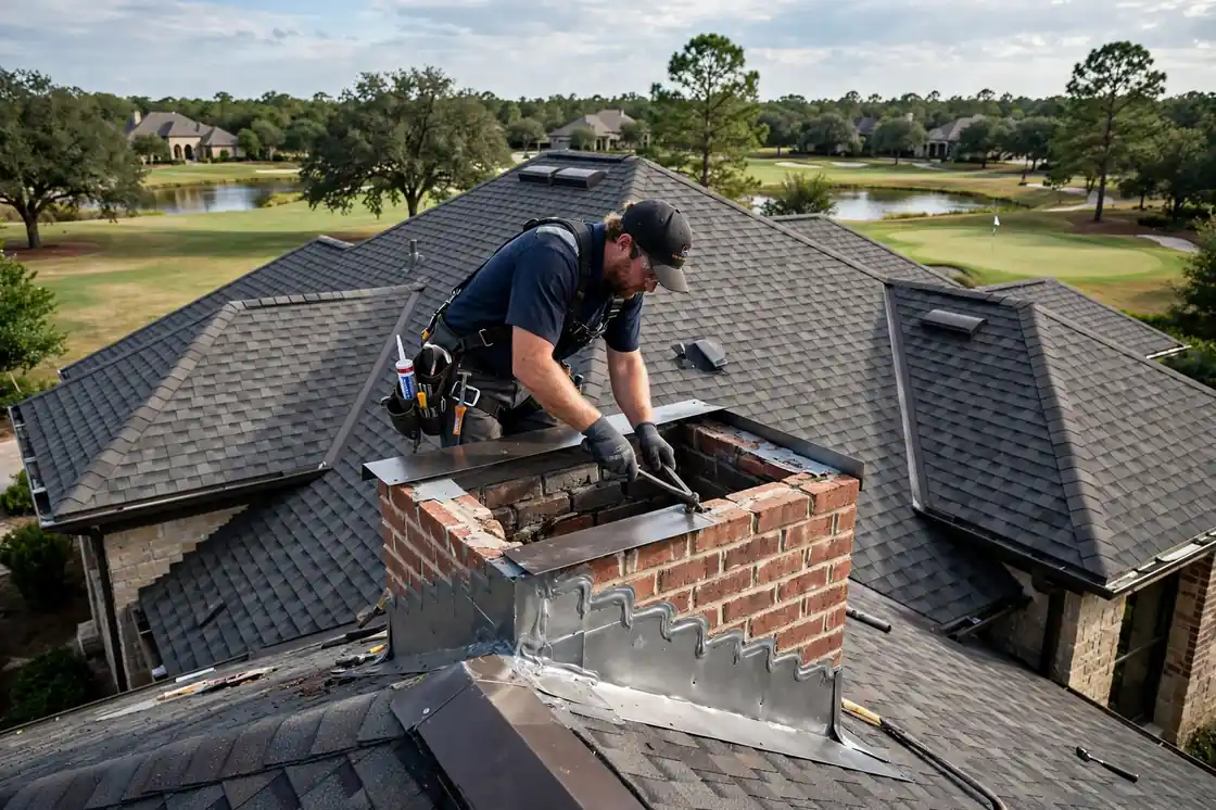 Reparación de tapajuntas de chimenea en una casa de lujo cerca del campo de golf en Magnolia Creek, Texas