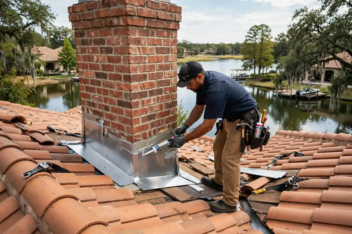 Reparación de tapajuntas de chimenea en una casa junto al lago con detalles en azulejos Mar Bella, Texas