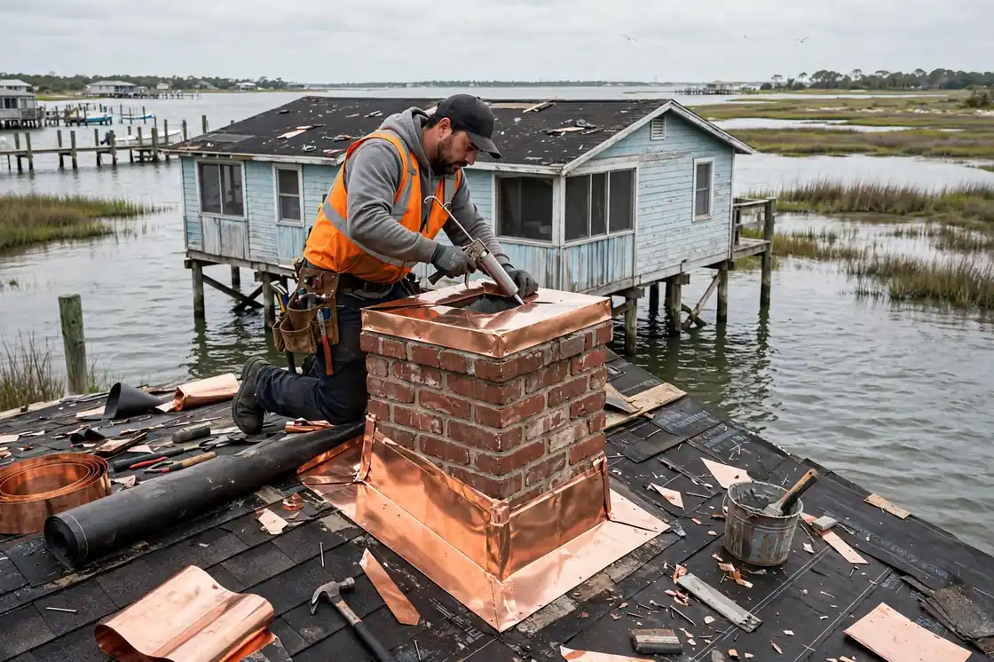 Reparación de tapajuntas de chimenea en una cabaña sobre pilotes frente al mar cerca de la Bahía de Galveston en San Leon, Texas