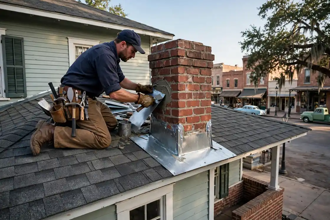 Reparación de tapajuntas de chimenea en un bungalow de la década de 1950 en Historic Sixth Street, Texas