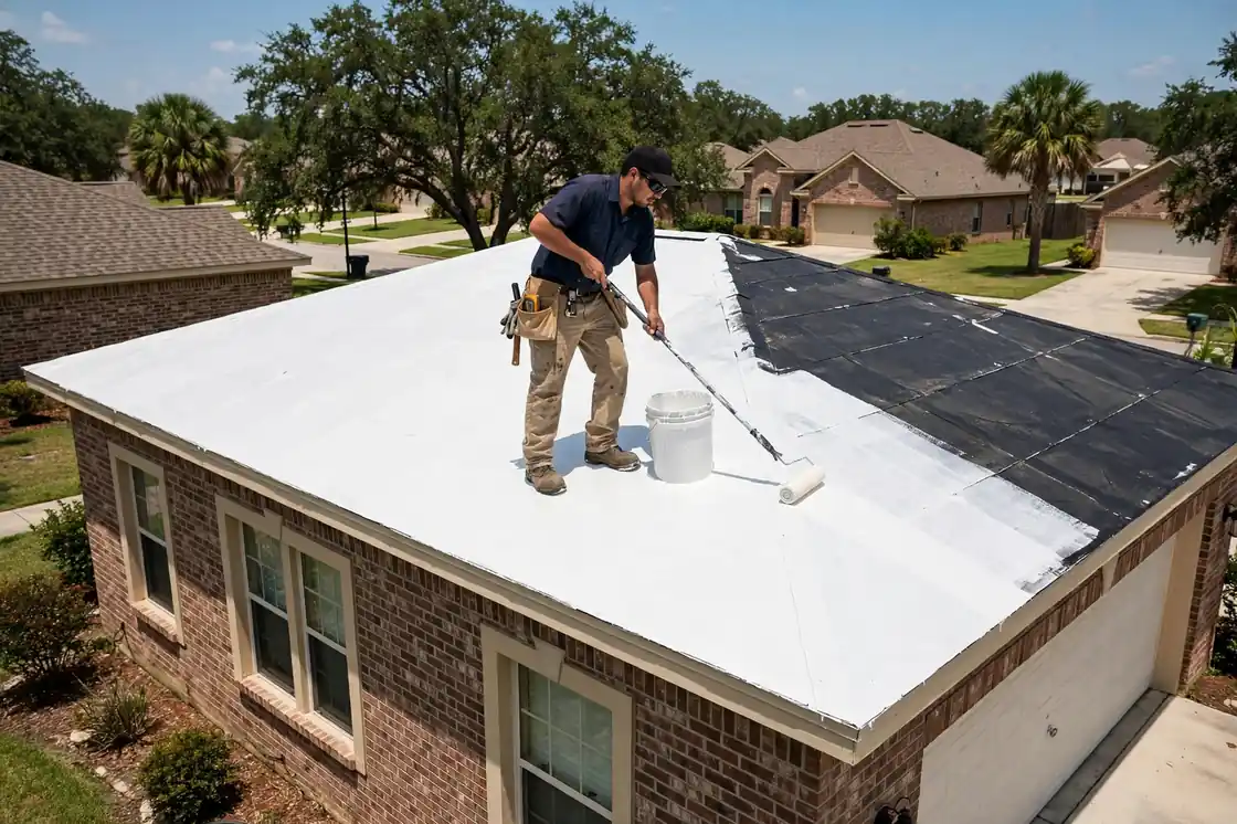 Recubrimiento sellador para goteras en el techo de una casa suburbana revestida de ladrillo del año 2000 en Bay Colony, Texas