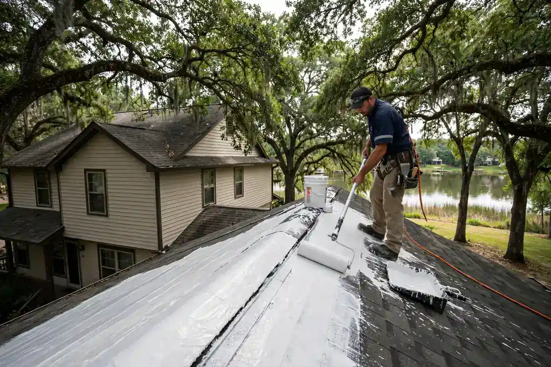 Recubrimiento sellador para goteras en el techo de una casa de dos pisos cerca del lago en Hidden Lakes, Texas
