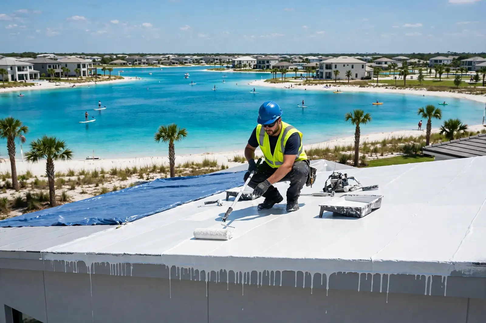Recubrimiento sellador para goteras en el techo de una nueva casa suburbana cerca de Crystal Lagoon en Lago Mar, Texas