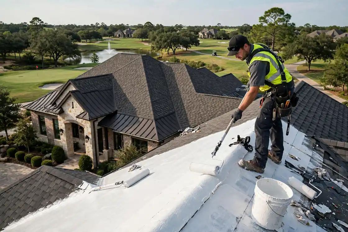 Recubrimiento sellador de goteras en el techo de una casa de lujo cerca del campo de golf en Magnolia Creek, Texas