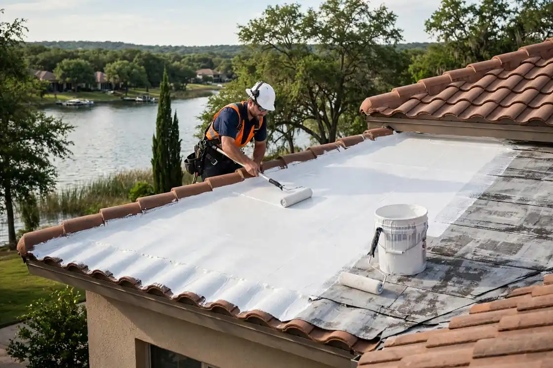 Recubrimiento sellador para goteras en el techo de una casa junto al lago con detalles en azulejos Mar Bella, Texas