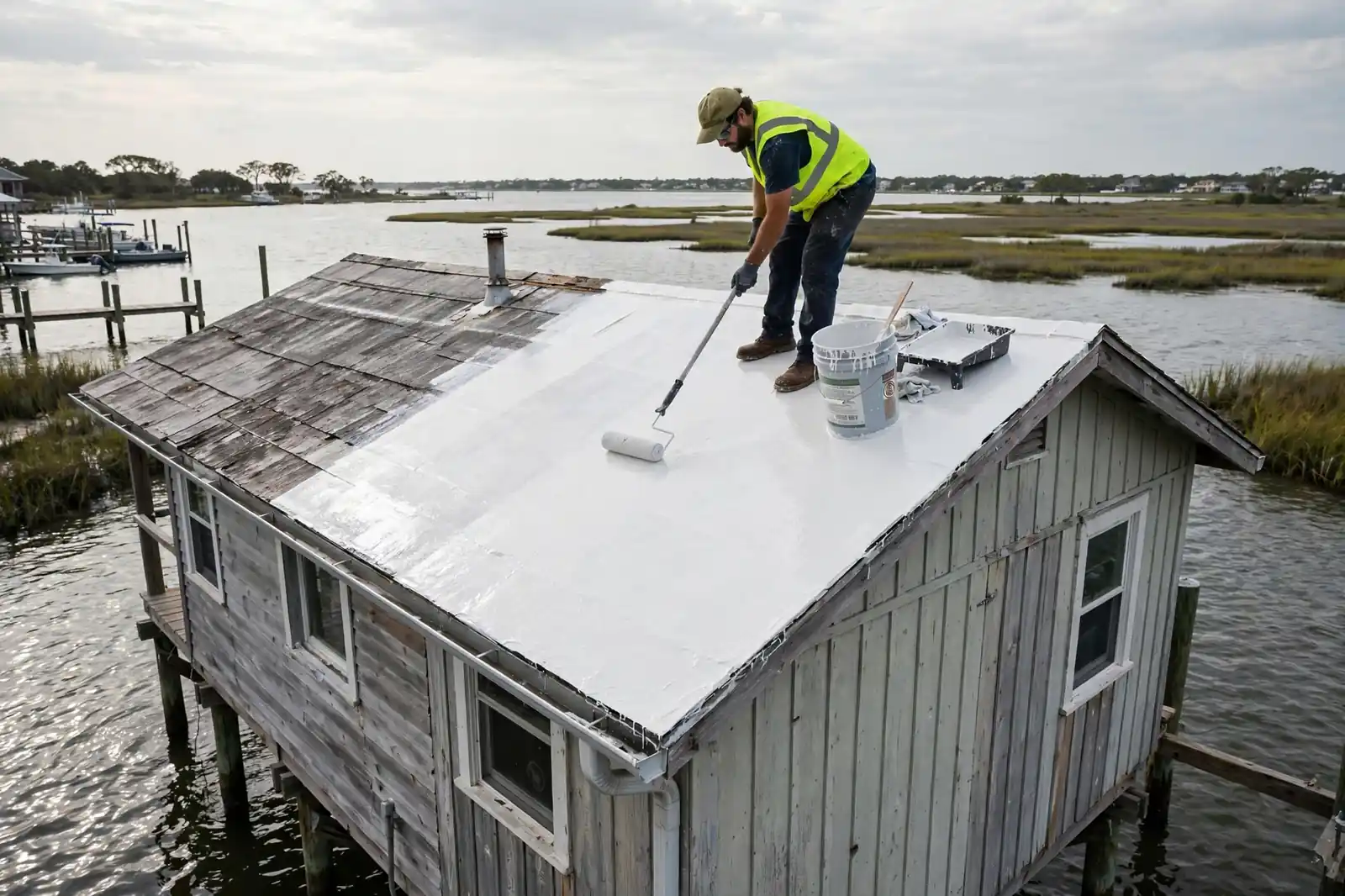 Recubrimiento sellador para goteras en el techo de una cabaña sobre pilotes frente al mar cerca de la Bahía de Galveston en San Leon, Texas