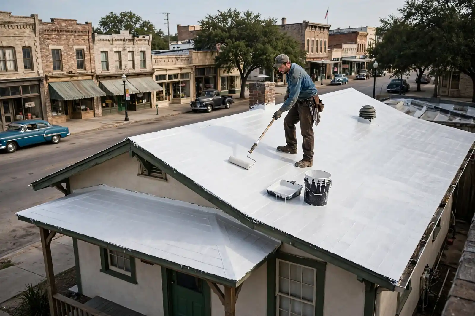 Recubrimiento sellador de goteras en el techo de un bungalow de la década de 1950 en Historic Sixth Street, Texas
