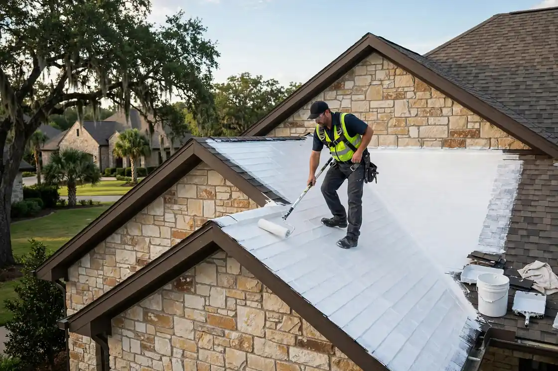 Recubrimiento sellador de goteras en el techo de una casa con fachada de piedra en Tuscan Lakes, Texas