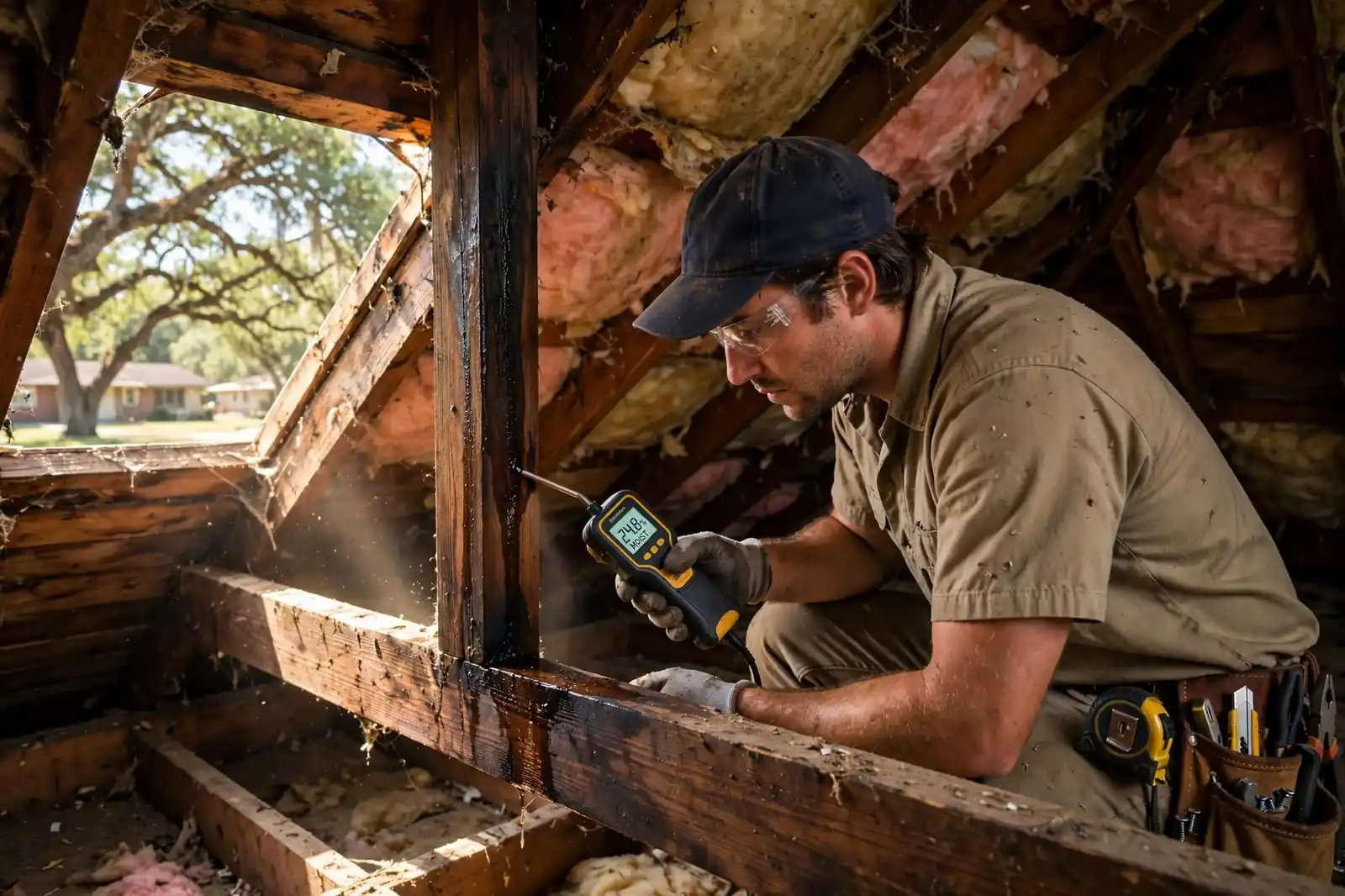 Detección de goteras en el techo de una casa estilo rancho de los años 70 a la sombra de robles en Dickinson, Texas