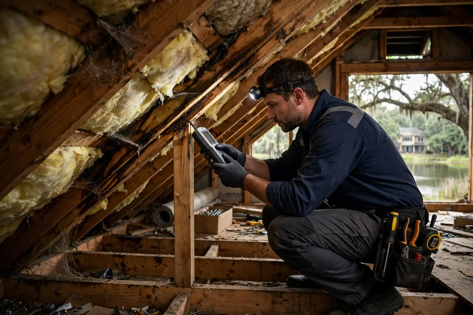 Detección de goteras en el techo de una casa de dos pisos cerca del lago en Hidden Lakes, Texas