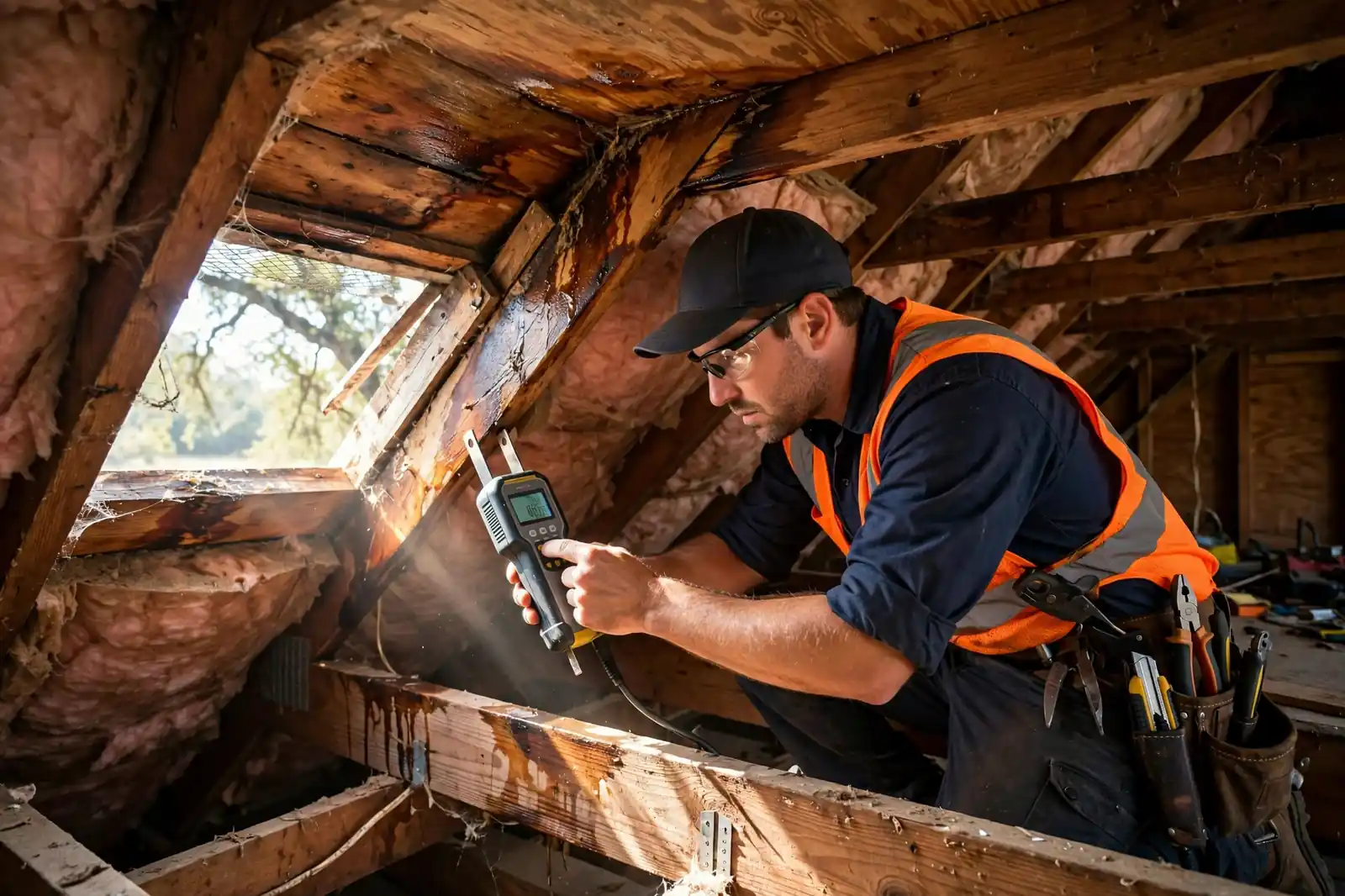 Detección de goteras en el techo de una casa tipo rancho de mediados de siglo en La Marque, Texas