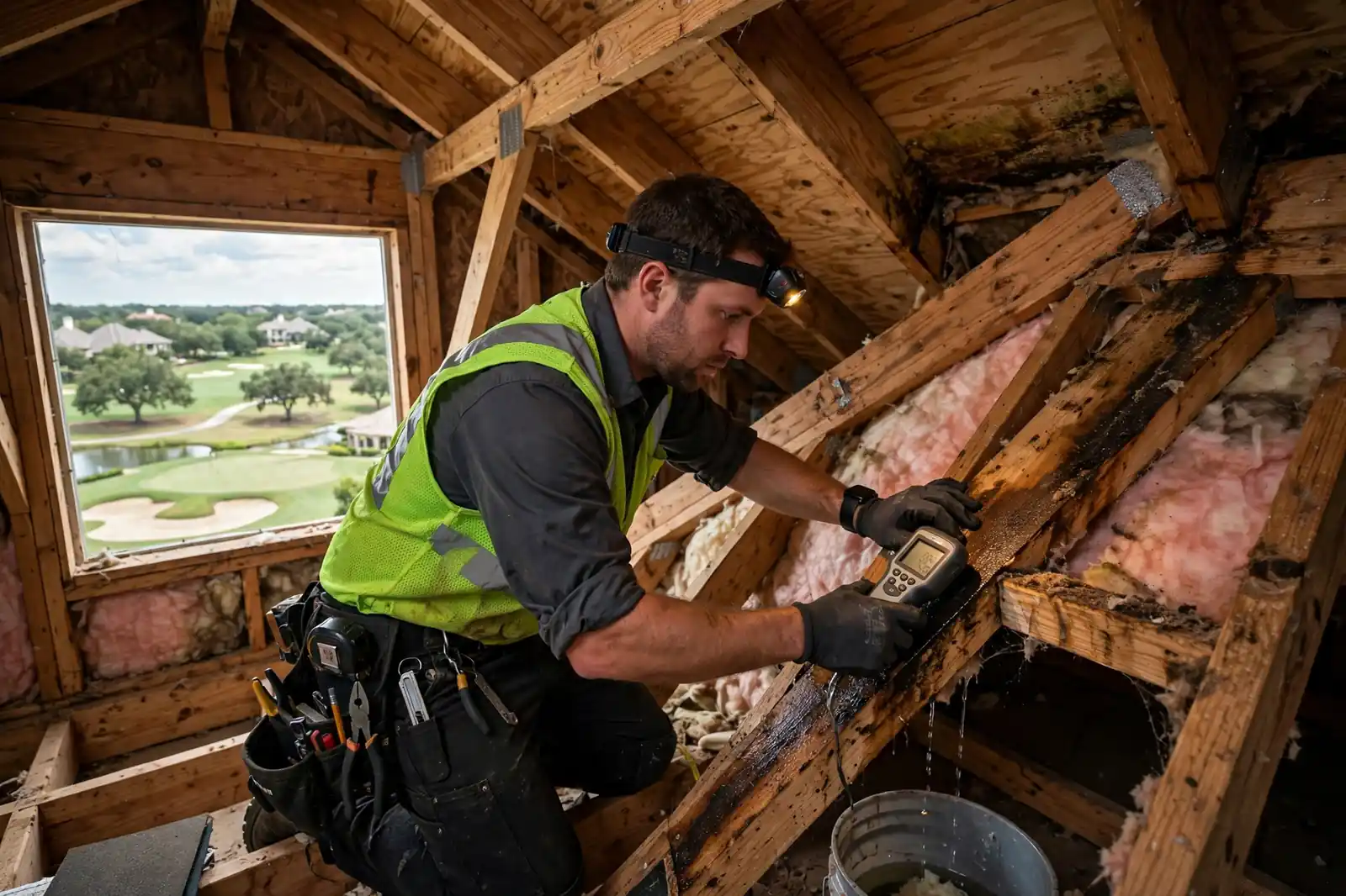 Detección de goteras en el tejado de una casa de lujo cerca del campo de golf en Magnolia Creek, Texas