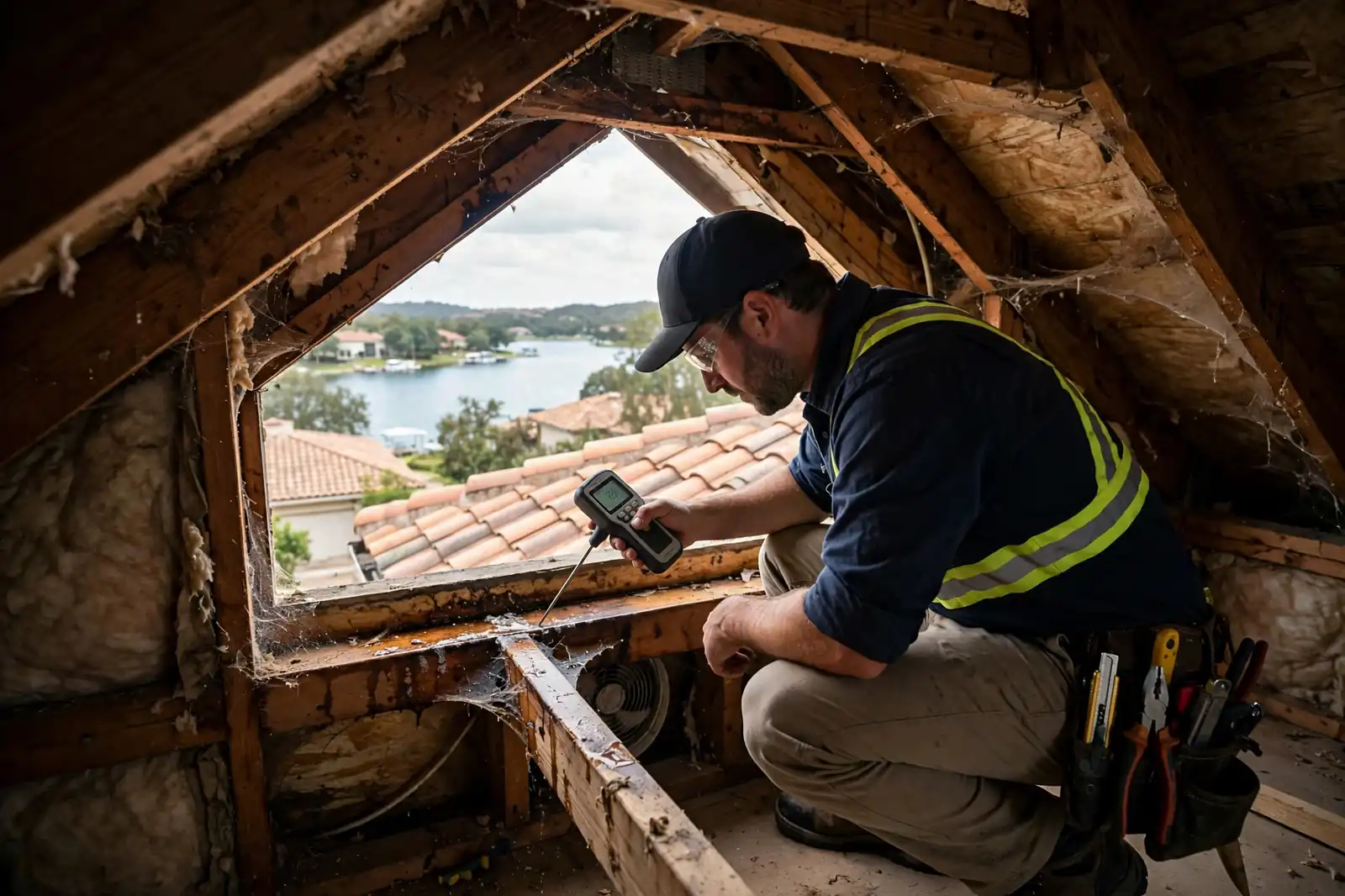 Detección de goteras en el techo de una casa junto al lago con detalles en azulejos Mar Bella, Texas