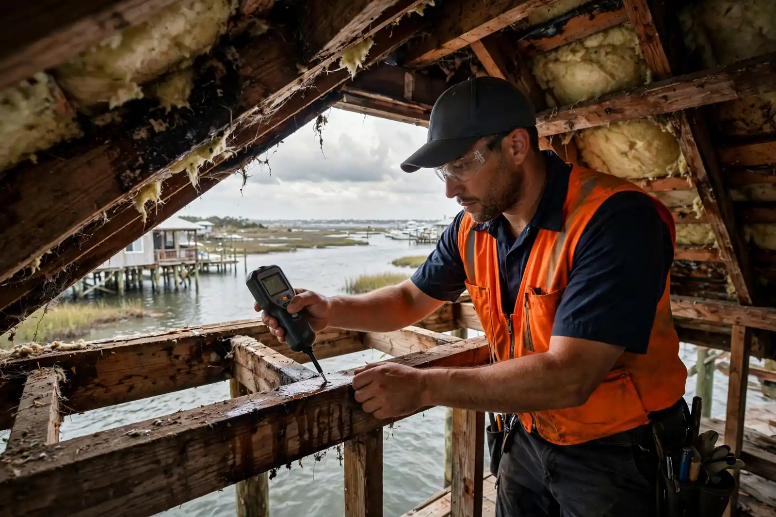 Detección de goteras en el techo de una cabaña sobre pilotes frente al mar cerca de la Bahía de Galveston en San Leon, Texas