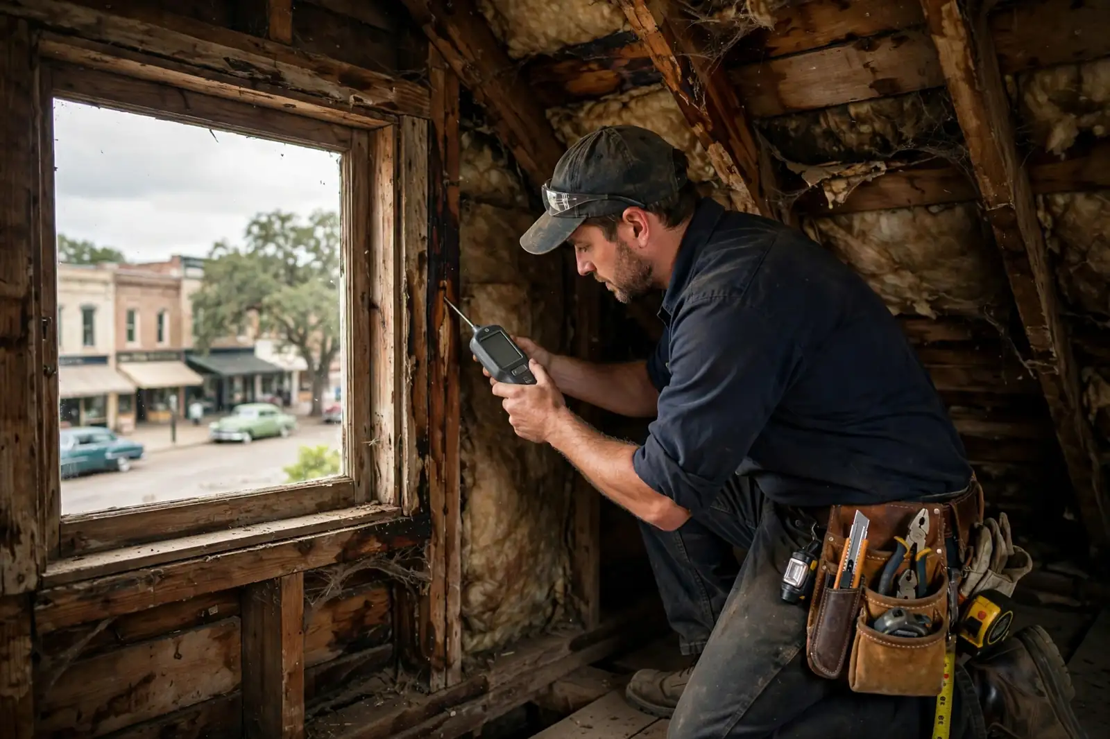 Detección de goteras en el tejado de un bungalow de los años 50 en Historic Sixth Street, Texas