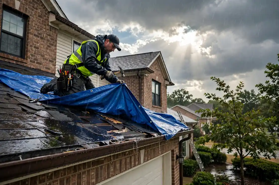 Reparación de emergencia de goteras en el techo de una casa suburbana revestida de ladrillo del año 2000 en Bay Colony, Texas