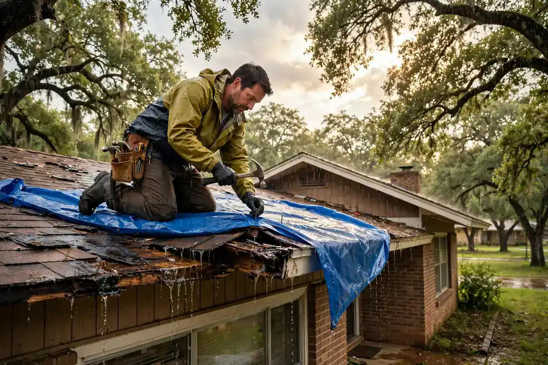 Reparación de emergencia de goteras en el techo de una casa tipo rancho de los años 70 a la sombra de robles en Dickinson, Texas