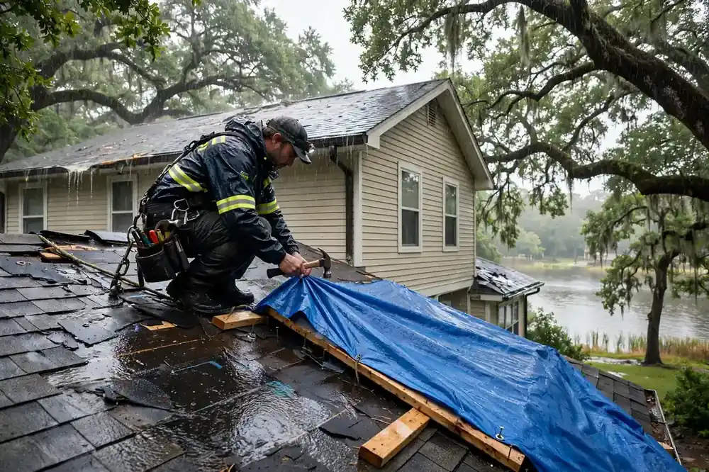 Reparación de emergencia de goteras en el techo de una casa de dos pisos cerca del lago en Hidden Lakes, Texas