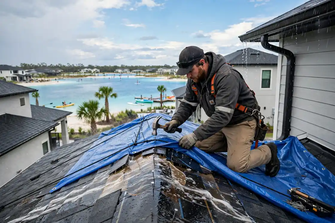 Reparación de emergencia de goteras en el techo de una nueva casa suburbana cerca de Crystal Lagoon en Lago Mar, Texas