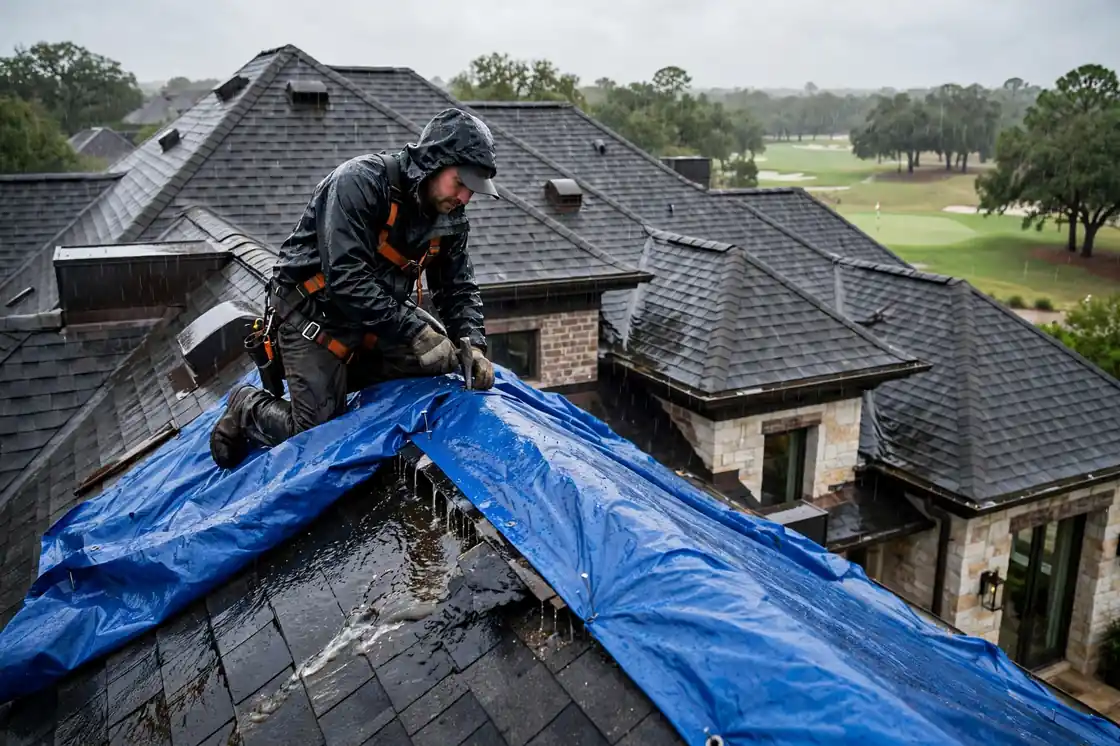 Reparación de emergencia de goteras en el techo de una casa lujosa cerca del campo de golf en Magnolia Creek, Texas