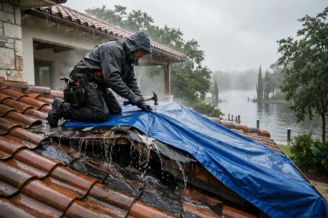 Reparación de emergencia de goteras en el techo de una casa junto al lago con detalles en azulejos Mar Bella, Texas