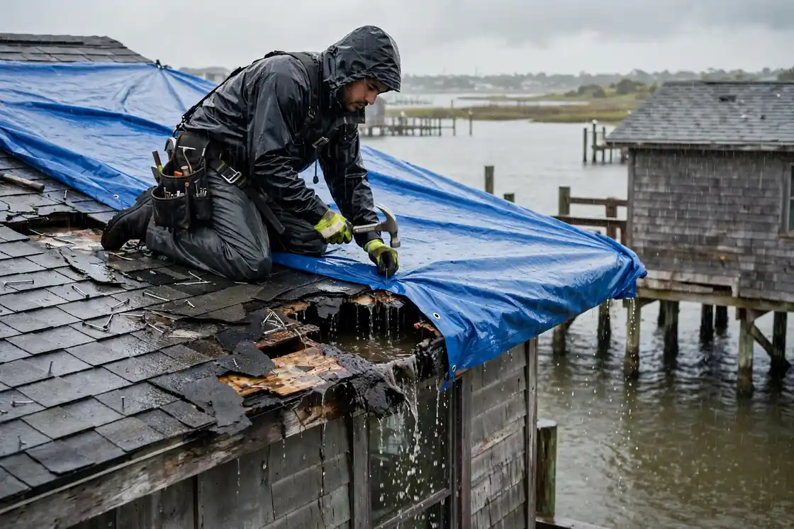 Reparación de emergencia de goteras en el techo de una cabaña sobre pilotes frente al mar cerca de la Bahía de Galveston en San Leon, Texas