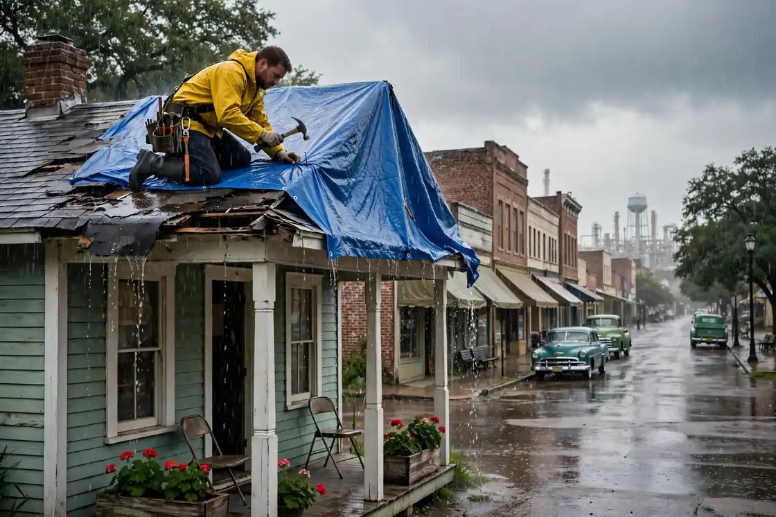 Reparación de emergencia de goteras en el techo de un bungalow de la década de 1950 en Historic Sixth Street, Texas