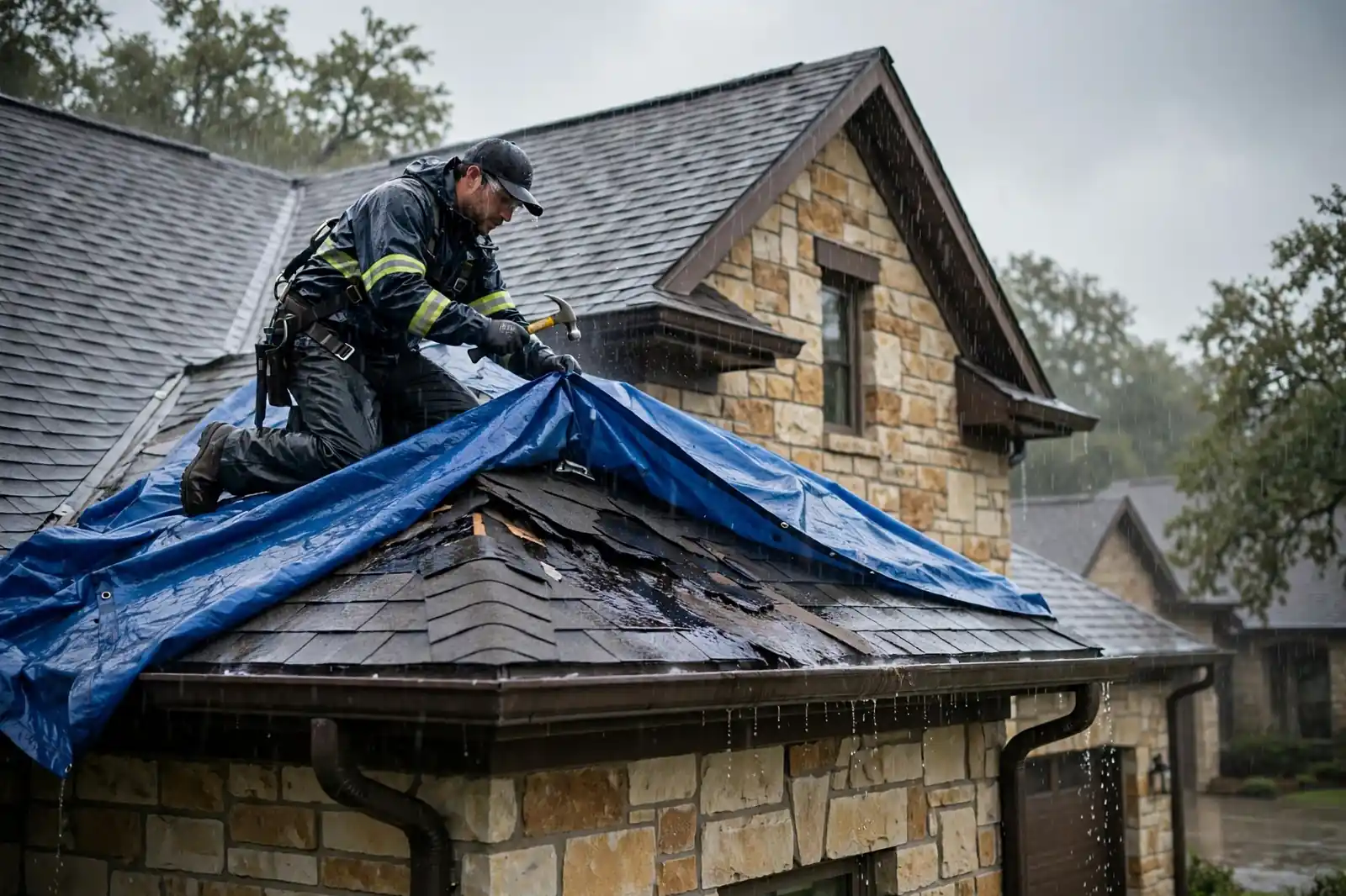 Reparación de emergencia de goteras en el techo de una casa con fachada de piedra en Tuscan Lakes, Texas