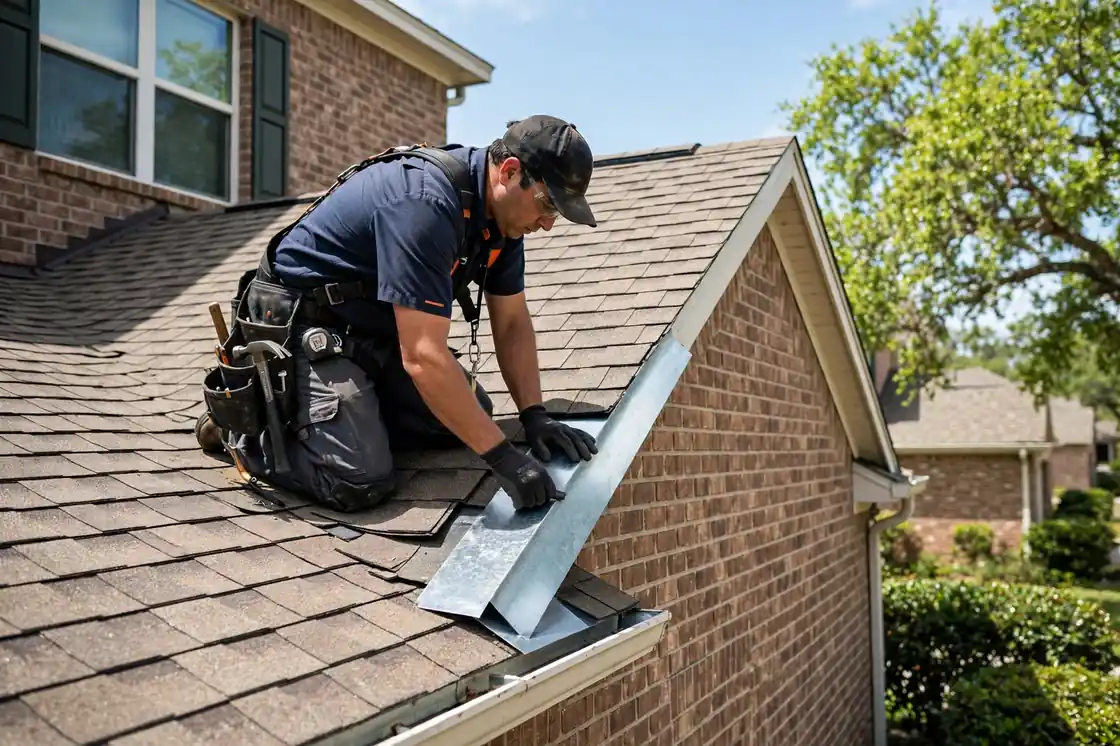 Reparación de tapajuntas de techo en una casa suburbana de revestimiento de ladrillo de la década de 2000 en Bay Colony, Texas