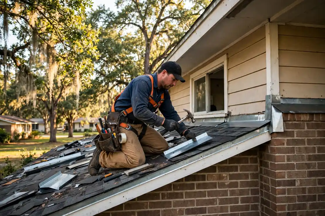Reparación de tapajuntas de techo en una casa estilo rancho de los años 70 a la sombra de robles en Dickinson, Texas